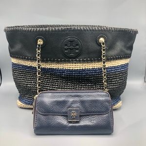 Tory Burch Marion Raffia Straw Tote Blue Black Stripes Leather Trimmed + Wallet